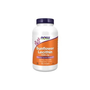A bottle of Now Foods Sunflower Lecithin 1200 mg, containing 200 softgels, is soy-free and non-GMO, enriched with phosphatidylcholine for nervous system support and cognitive enhancement.